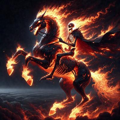 The primary subject of the image is a skeleton riding a black horse. The setting is a dark, cloudy sky, and the visual style is digital art. The dominant colors are red and black, creating a dramatic and intense atmosphere.